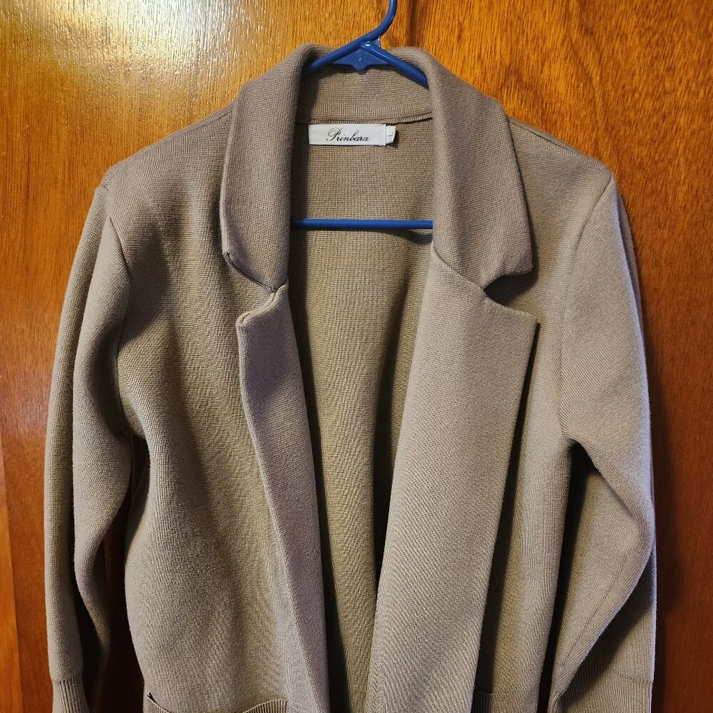 Women's Large Prinbara Tan Open W/ Pockets Long Cardigan Sweater